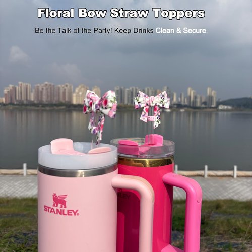 Amreich 3PCs 3D Bow Straw Toppers - Floral Printed Silicone Straw Cover Caps for 10mm Straws, Reusable Tumbler Accessories for Stanley Cup Cute Gifts for Her Valentines Christmas
