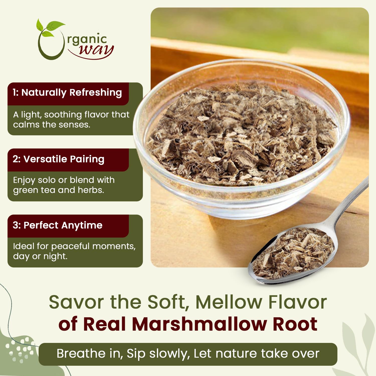 Organic Way Marshmallow Root | Herbal Tea (Althaea officinalis) Cut & Sifted - European Wild-Harvest | Organic & Kosher Certified | Non GMO & USDA Certified | Origin - Albania (1/4LBS / 4Oz)