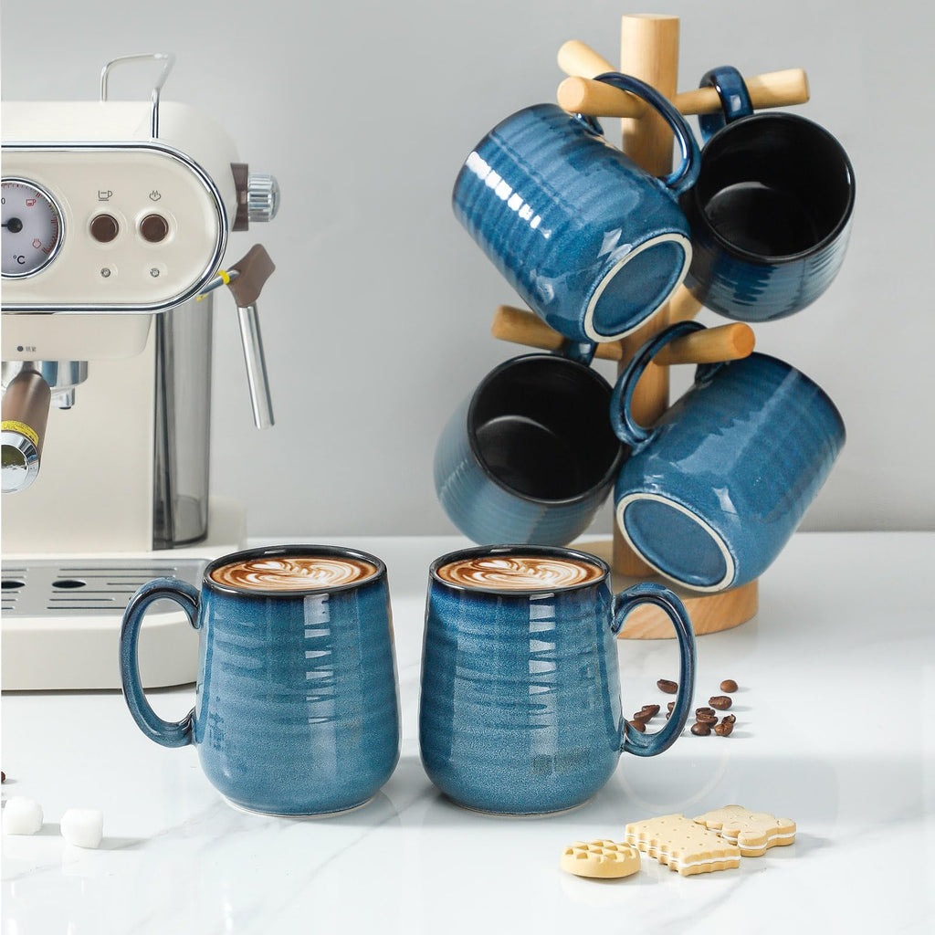 HASENSE Ceramic Coffee Mugs Set of 6, 15oz Large Coffee Mugs with Handle, Coffee Cups for Coffee, Tea, Latte & Cappuccino, Coffee Mugs for Men and Women, Microwave & Dishwasher Safe, Blue