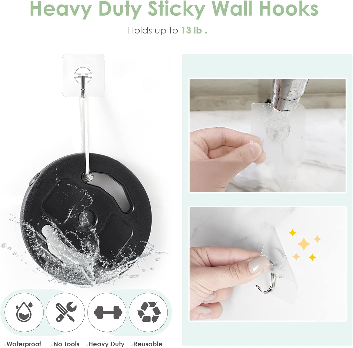 Skiennix Wall Hooks - Clear Removable Stainless Steel Adhesive Hooks | 13 lb Capacity, 10 Pack