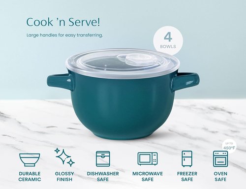KooK French Onion Soup Bowls - Oven Safe Ceramic Crocks | Set of 4, 18 oz, Teal Color