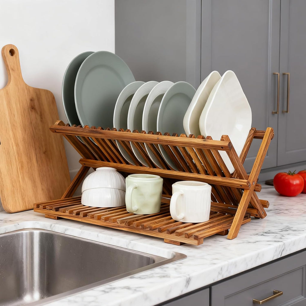 Utoplike Large Teak Dish Drying Rack - 3-Tier Collapsible Wooden Kitchen Organizer for Plates & Cups