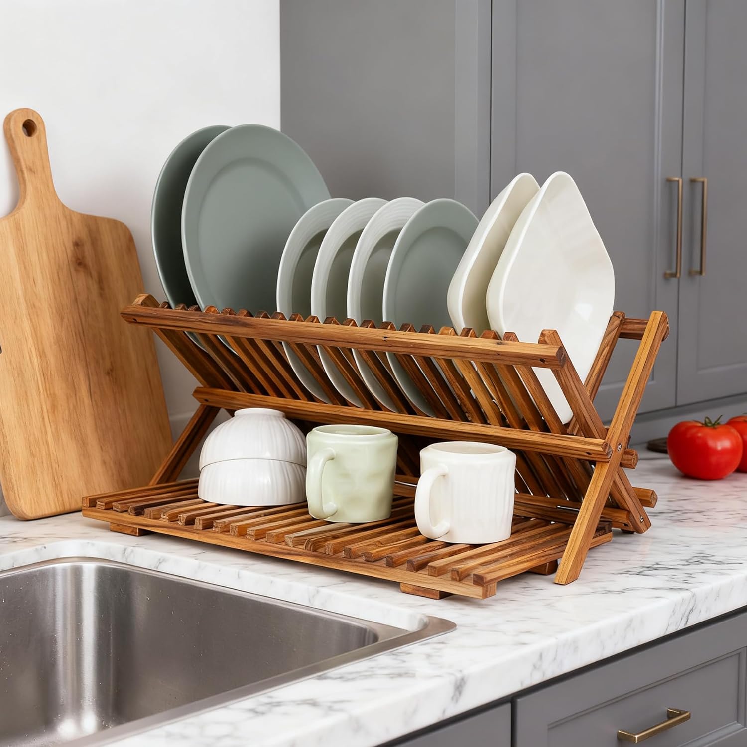 Utoplike Large Teak Dish Drying Rack - 3-Tier Collapsible Wooden Kitchen Organizer for Plates & Cups