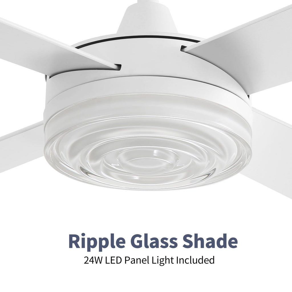 WINGBO 52 Inch Ceiling Fan with Lights and Remote, 3CCT, Modern Ceiling Fan with Ripple Glass Shade, 6-Speed Reversible DC Motor for Bedroom Living Room Kitchen Hallway, Gloss White