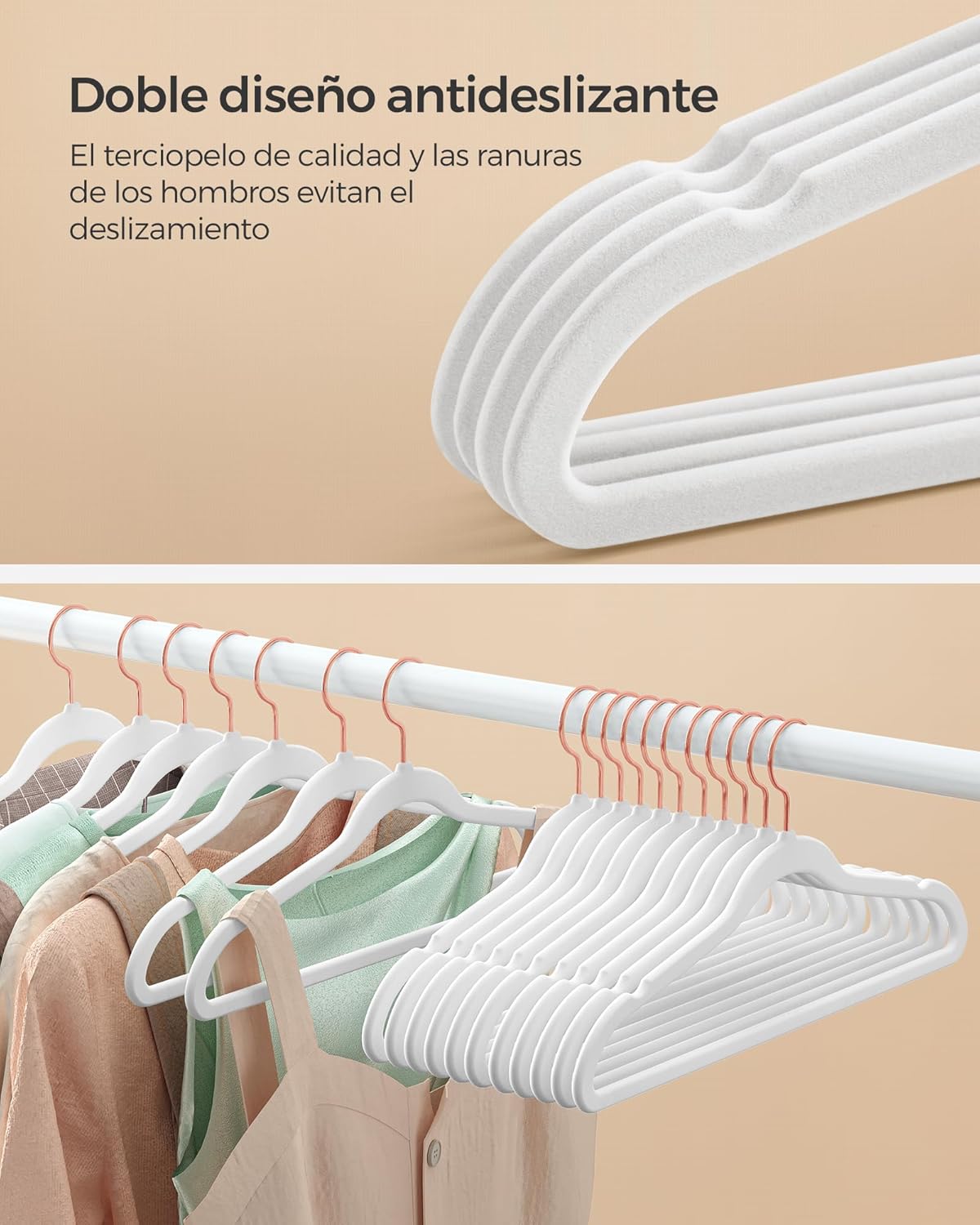 SONGMICS Slim Velvet Hangers - Non-Slip Clothes Hangers with Rose Gold Hooks | Space-Saving 50 Pack, White
