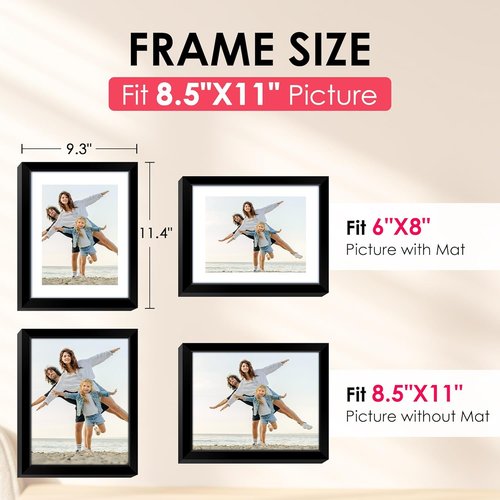 FIXSMITH 8.5x11 Picture Frame - Black HD Plexiglass Frame for 6x8 or 8.5x11 Photos | 2 Pack
