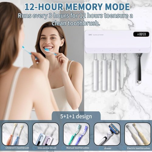 ZOZOO UV Toothbrush Sanitizeri Holder with 99.9% Cleaning,Air Dry,Heating,5+1+1 Slots,12 Hour Memory,Rechargeable Wall Mounted Strong Adhesive Toothbrush Holder with Cover for Bathroom(White)