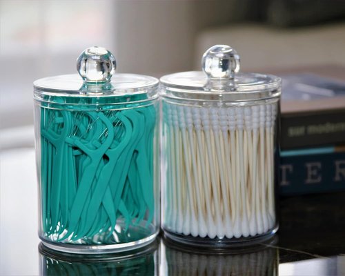 DAPOWER Qtip Holder Storage Canister - 10-Ounce Clear Plastic Apothecary Jar for Cotton Swabs & Makeup Organization