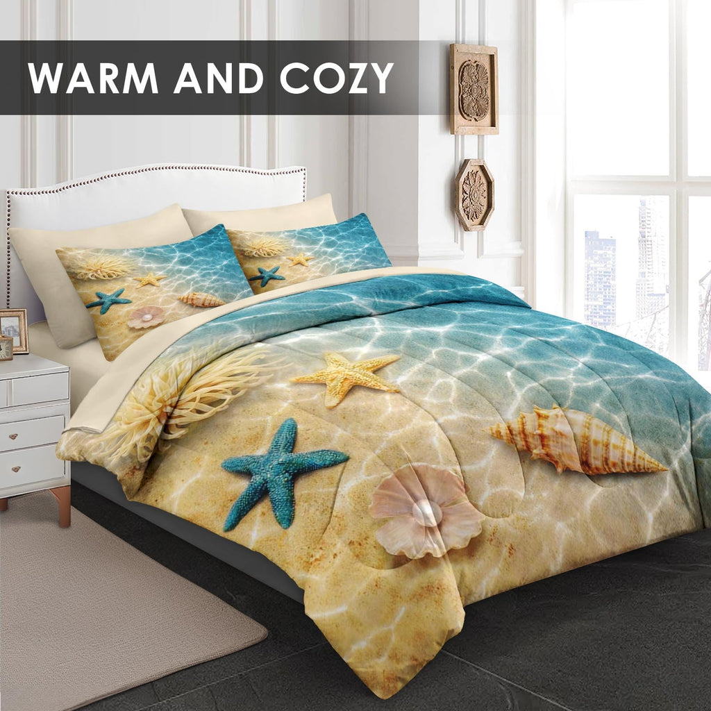 WeCozy 7 Pcs Queen Size Comforter Set with 2 Pillowcases & 2 Shams, Summer Beach Seashell Bedding for Kids and Adults, Blue Ocean Sea Shell Bed in a Bag with Flat Fitted Sheet