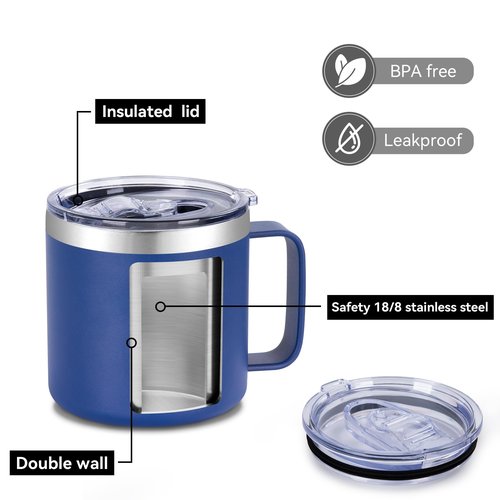 VEGOND 14 oz Insulated Coffee Mug Bulk with Handle, Stainless Steel Travel Coffee Mug with Lid, Double Wall Vacuum Metal Coffee Cup, Coffee Tumbler Powder Coated, Navy Blue 8 Pack
