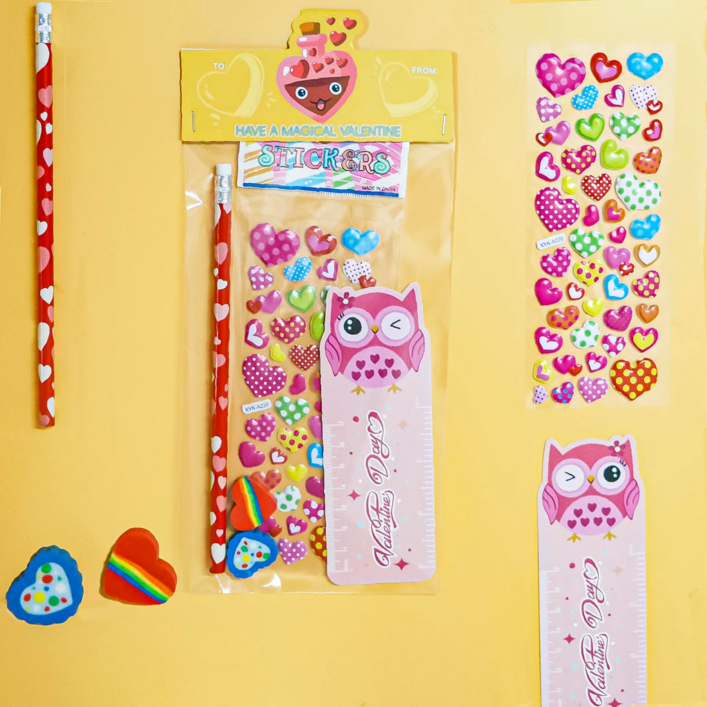 Decodinli 28 Pack Valentines Day Gifts for Kids - Valentine's Day Party Favors for School Exchanges Gifts with Erasers, Pencils, Stickers and Rulers, Valentine's Day Stationery Set with Gift Card