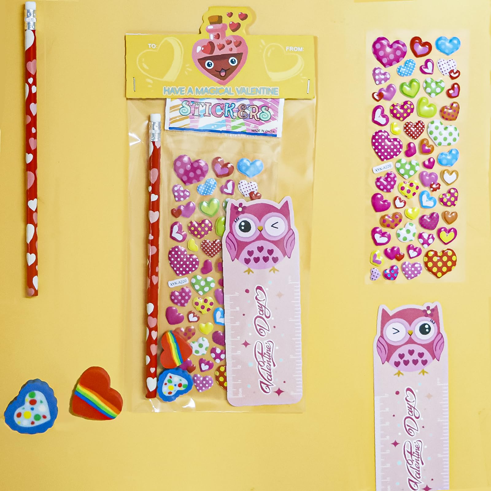 Decodinli 28 Pack Valentines Day Gifts for Kids - Valentine's Day Party Favors for School Exchanges Gifts with Erasers, Pencils, Stickers and Rulers, Valentine's Day Stationery Set with Gift Card