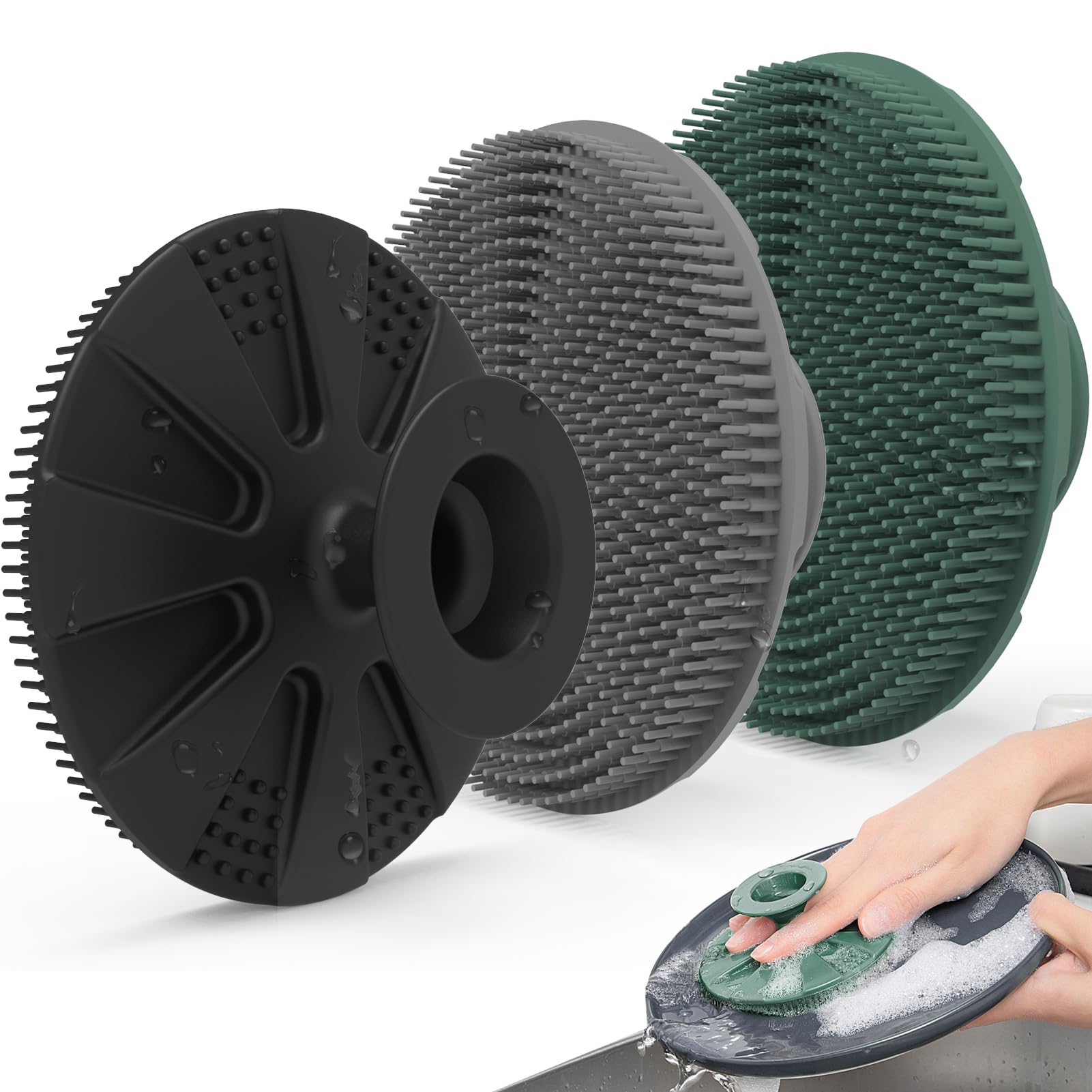 Silicone Sponge 3 Pack, BEAUTAIL Non-Scratch Scrub Sponges, for Washing Dishes and Cleaning Kitchen, Long Lasting and Reusable Dishwashing Scrubber, Suction Up Hang Designed, Black+Olive Green+Gray