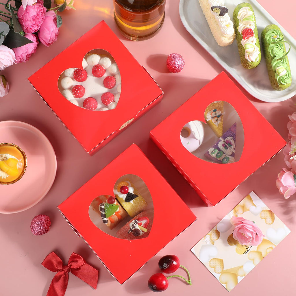 Janlaugh 25 Pcs Red Bakery Boxes for Women Mother with Window Heart Cupcake Treat Cookie Dessert Box Bulk Mom Gift for Chocolate Strawberries Donuts Candy Party Favor (6x6x2.5 Inch)