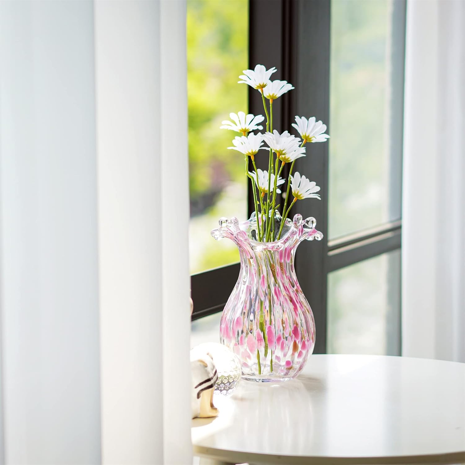 QFkris Handblown Glass Vase - Modern Pink Petal Flower Vase for Home Decor | 8.5 Inch Tall Centerpiece