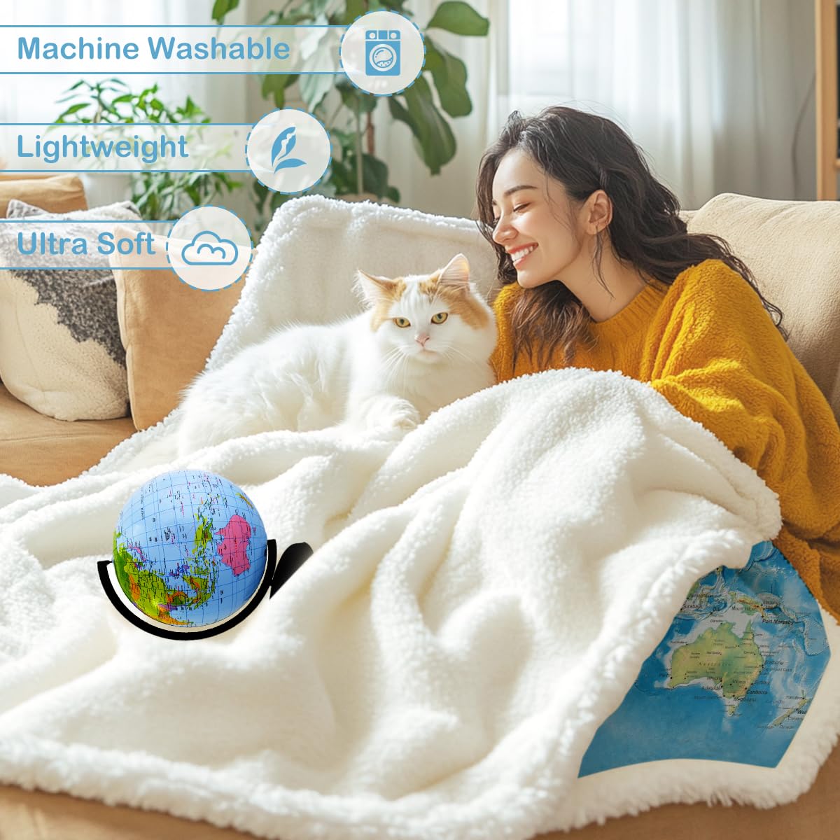 Sleepwish World Map Sherpa Fleece Throw Blanket, Soft Thick Plush Blue Blanket Vivid 3D Print Map of The World Blankets Gifts for Teens Kids Boys Girls 50x60 Inches