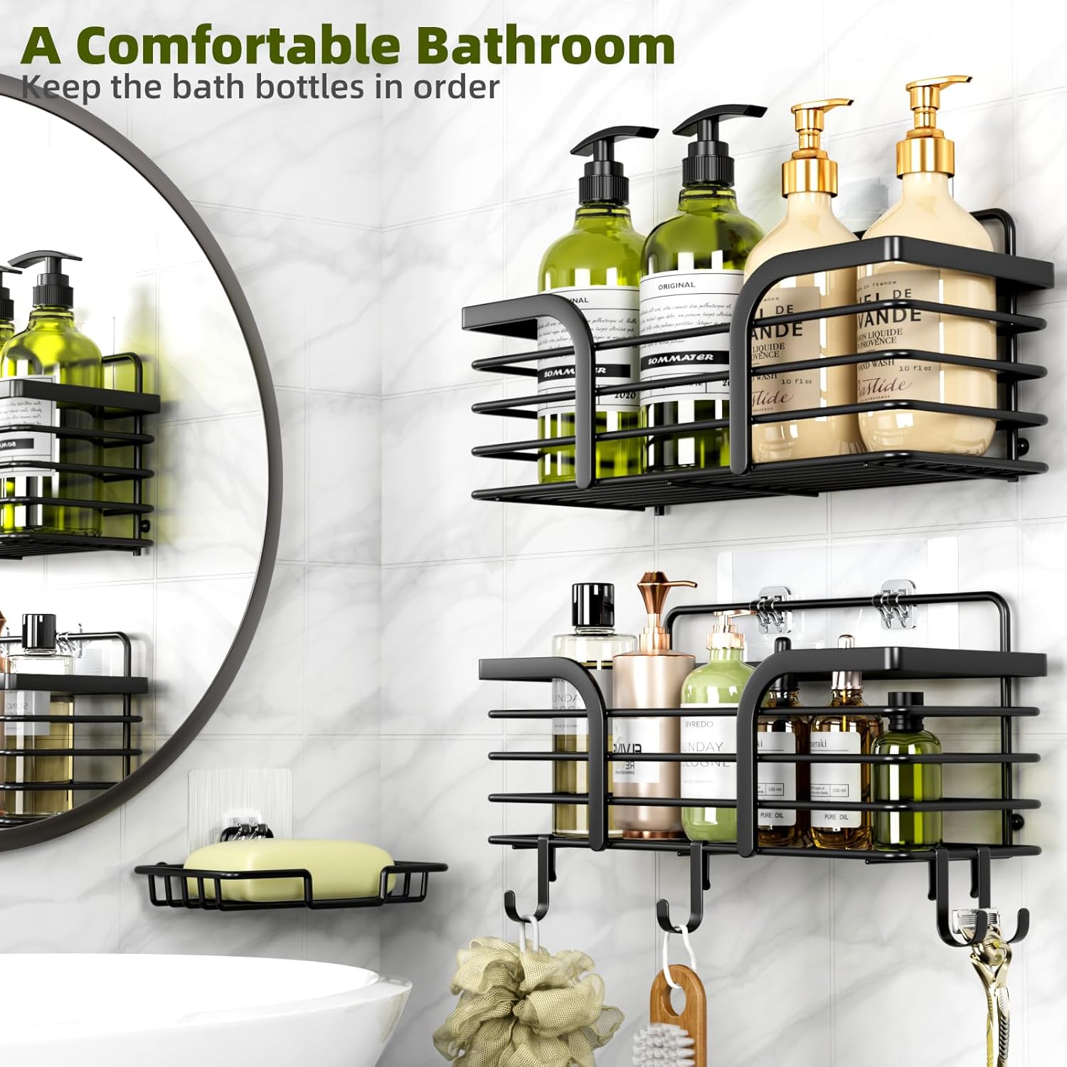 Yougai Shower Caddy - Rustproof Wall-Mounted Organizer with Soap Holder & Hooks | Black