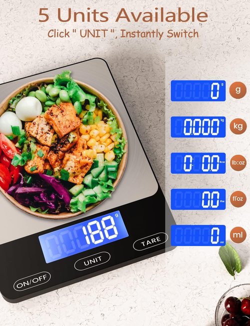 Food Scale - Skiennix 33lb Digital Kitchen Scale | Rechargeable 304 Stainless Steel for Meal Prep & Baking - Black