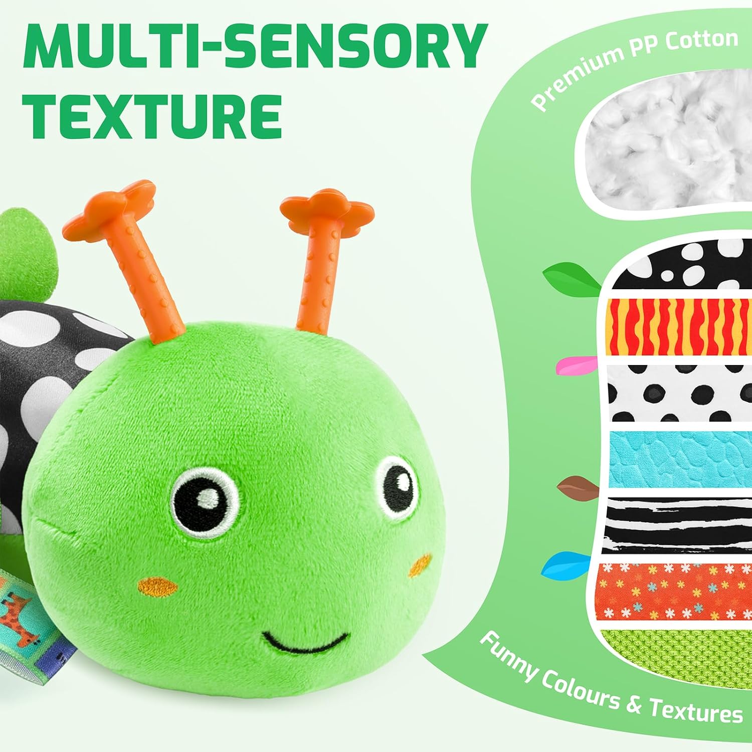 Sumobaby Music Caterpillar Plush Toy - Infant Teething & Tummy Time Rattle | Green Leaf, 0-12 Months