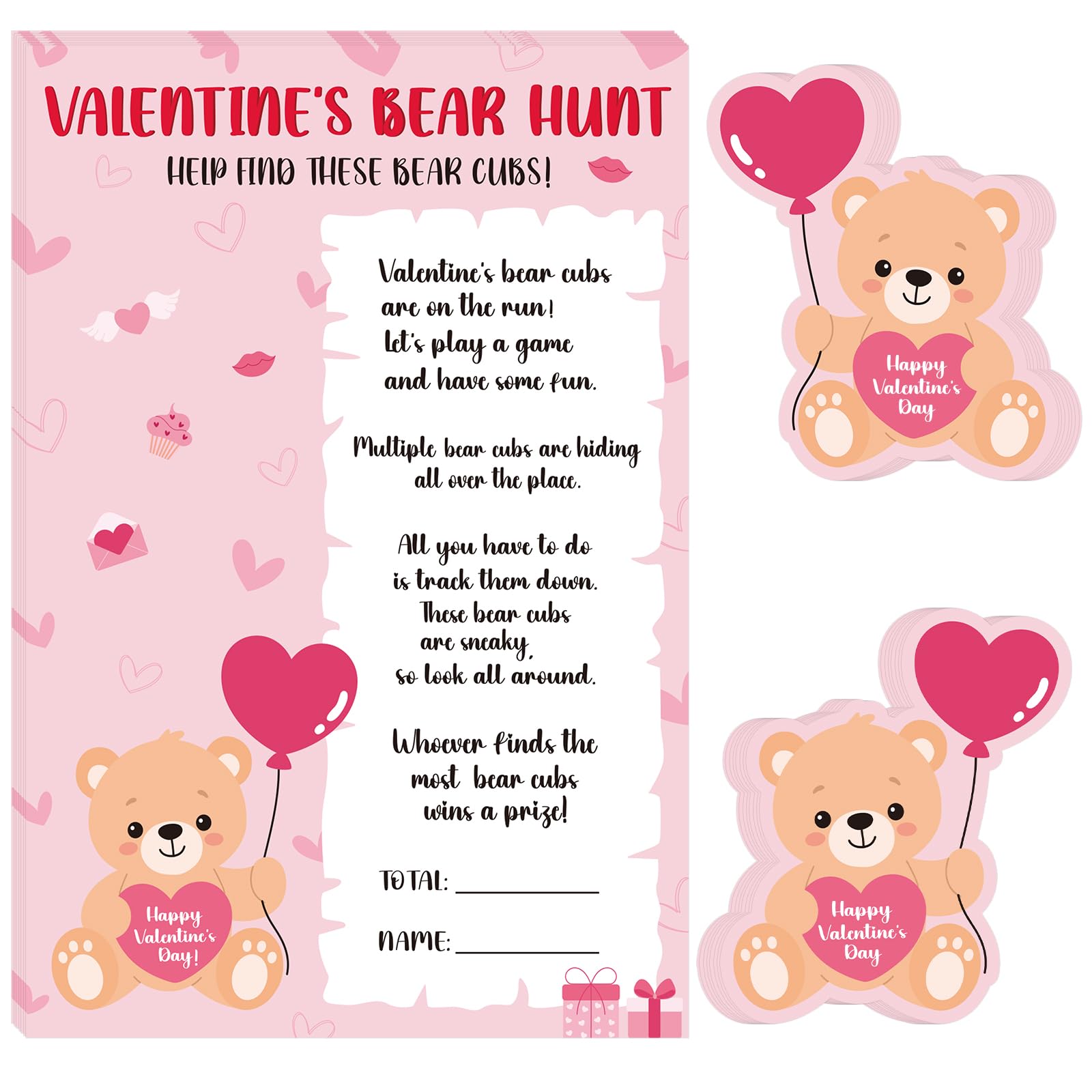 COCHIE Valentine's Day Games for Classroom Party Family Adults Office Large Groups, Valentines Bear Bub Hunt Game School Activities with 50 Paper Bears - 25 Players (Bear Hunt)