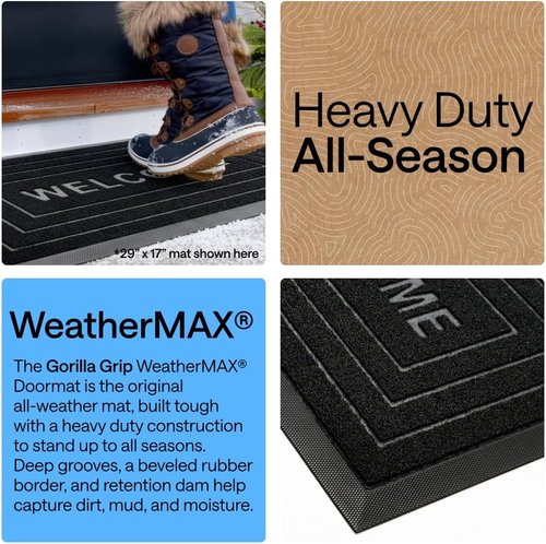 GORILLA GRIP Waterproof All-Season WeatherMAX Doormat - Natural Rubber, Stain & Fade Resistant, 29x17, Black