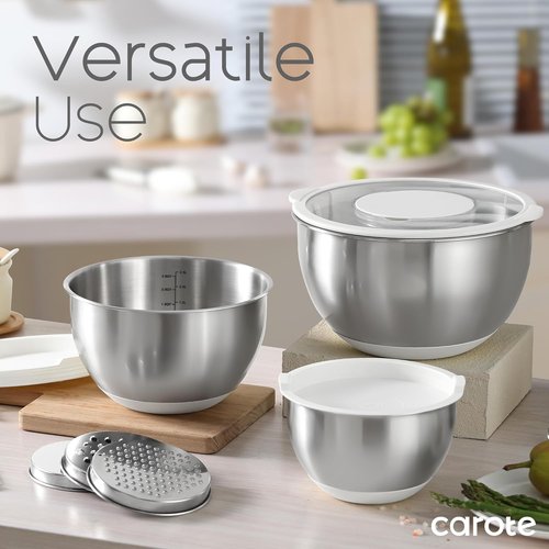 CAROTE Stainless Steel Mixing Bowls Set - 12 Pcs with Airtight Lids & Grater Attachments | Non-Slip Bottoms