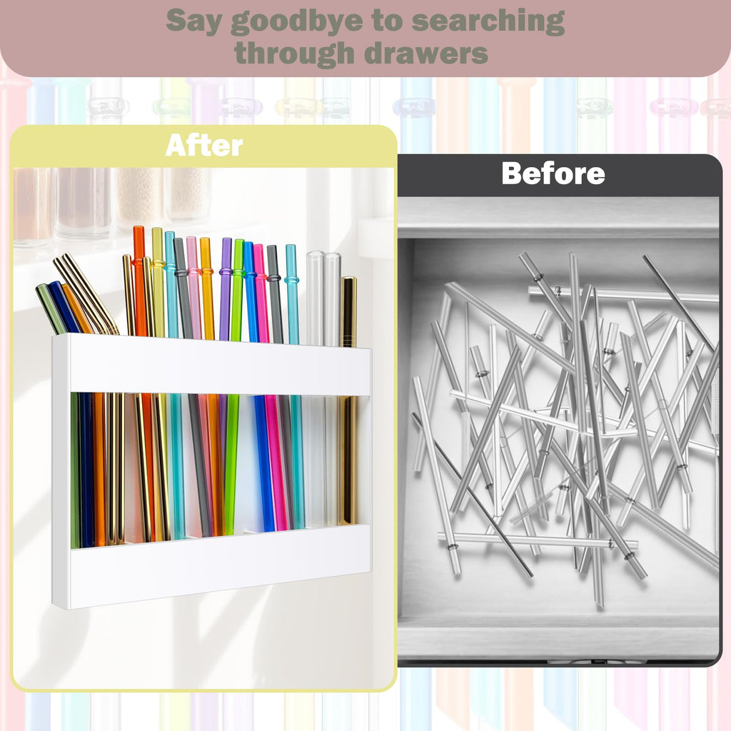 Acrylic Straw Holder for Cabinet Door with Double Sided Adhesive Tape, Tall Drinking Straws Dispensers, Reusable Straw Organizer Kitchen Storage Accessories for Cupboard, Counter (White)