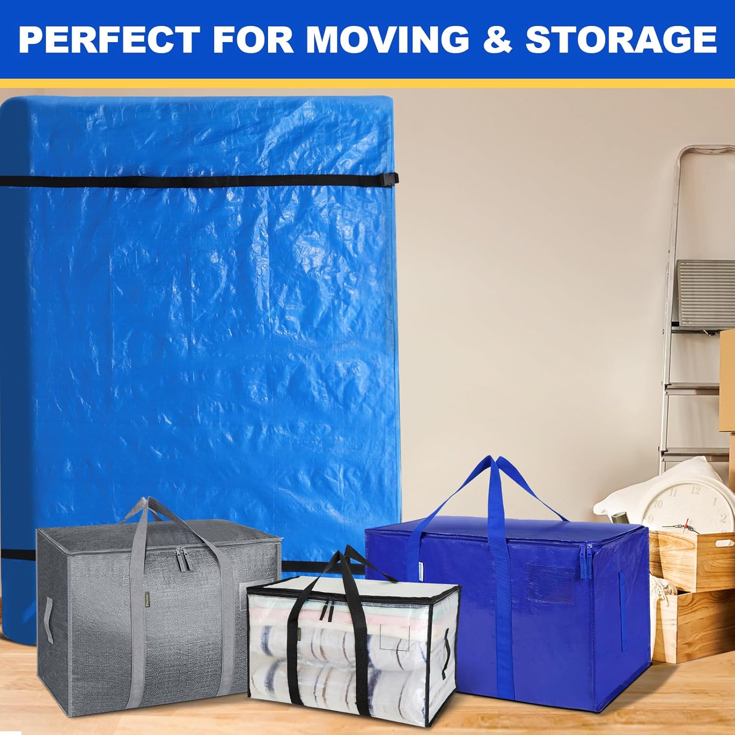 TICONN Heavy-Duty Queen Mattress Bag - Full-Around Handle & Adjustable Buckles | Blue Storage Solution