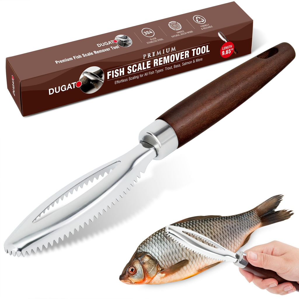 Dugato Fish Scale Remover Tool with Wooden Handle – Stainless Steel Fish Scaler Scraper for Quick & Easy Fish Cleaning – Rustproof Serrated Edge Seafood Descaling Tool for Kitchen & Outdoor Use