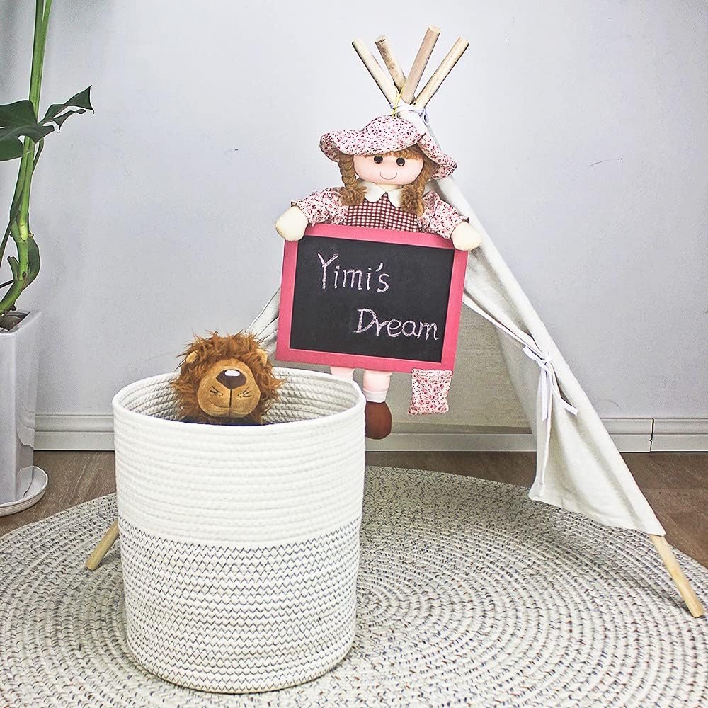 Yimi's Dream Woven Basket - Decorative Storage Solution with Lid for Kids & Toys | Medium Size (White & Black, 12D x 13.5H Inch)