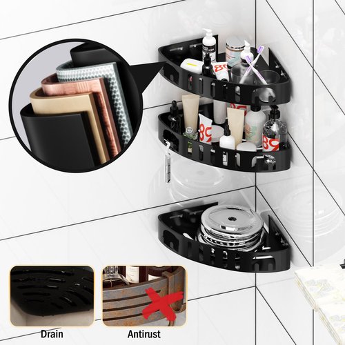 DivaDwell Depot Adhesive Corner Shower Shelf No Drill | Rust-Proof Aluminum Alloy Stick On Bathroom Organizer with Shaving Holder for Shampoo, Conditioner, Soap, Razors Black 2Pack