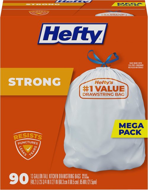 Hefty Strong 13 Gallon Trash Bags - Durable, Unscented Kitchen Bags with Drawstrings | 90 Count