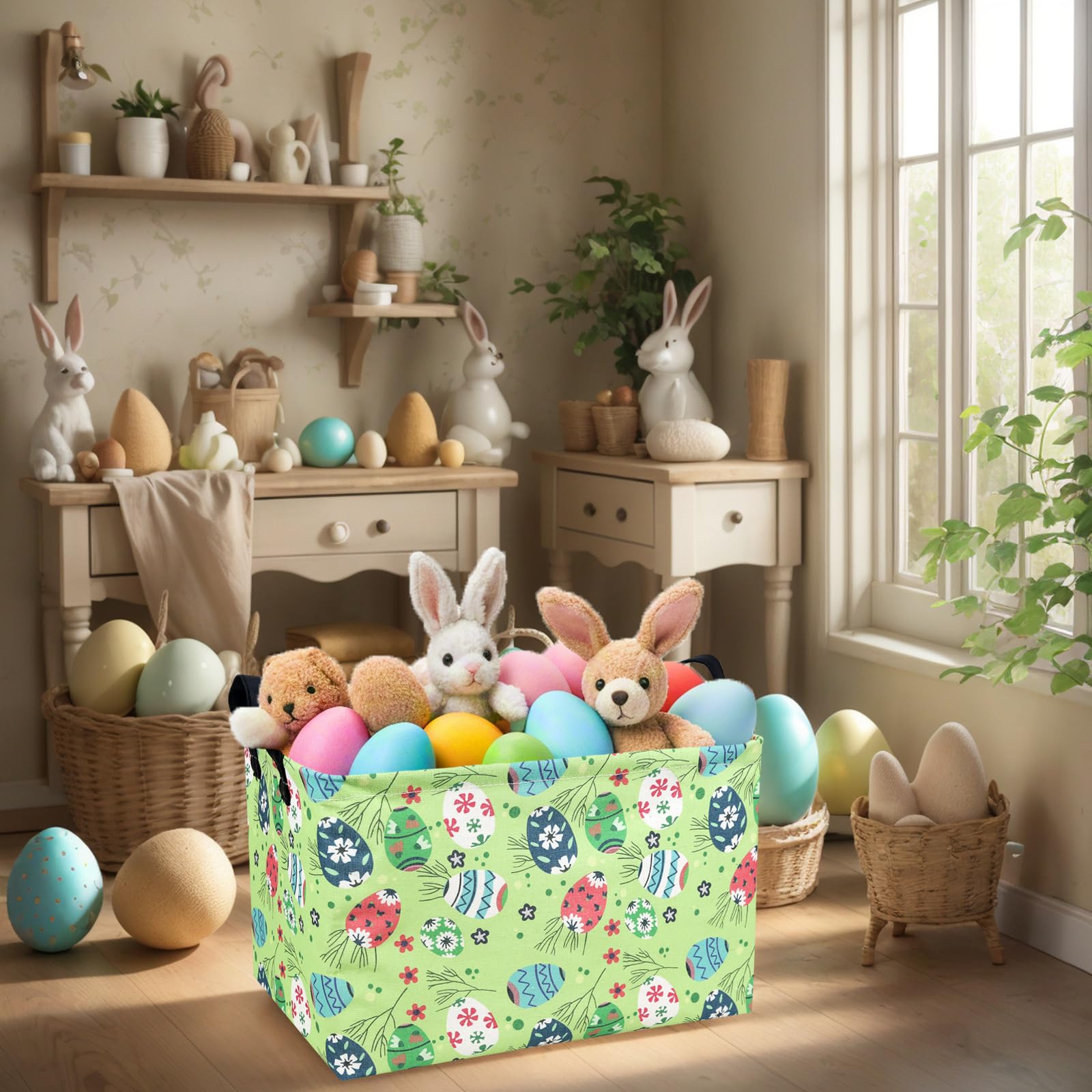 NIETEIN Kid Large Empty Easter Basket Personalized Fabric Easter Basket for Boy and Girl (Easter Egg Green Background)