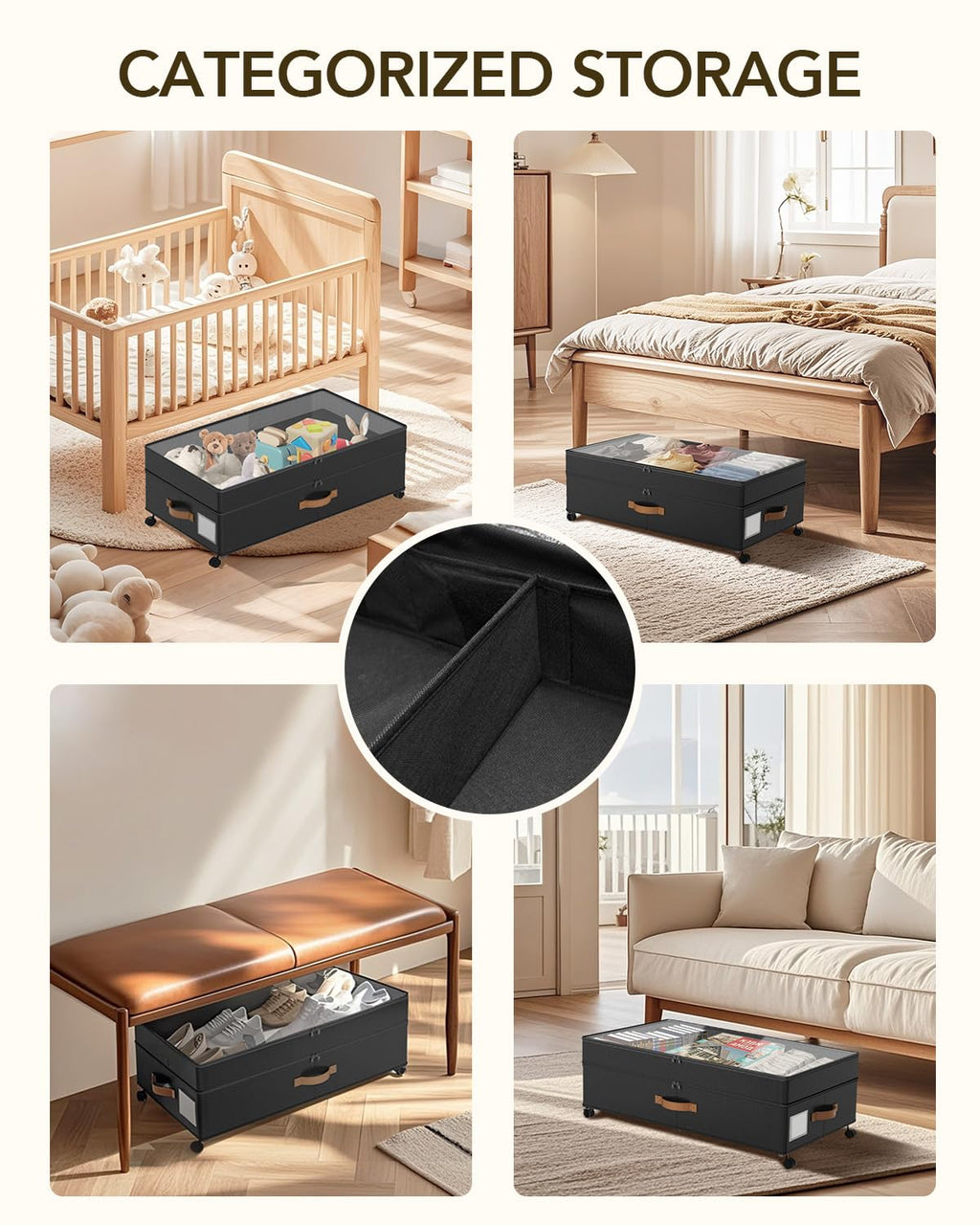 Megapuxin Under Bed Storage with Wheels, 10 inches Under Bed Storage Containers, 65L XXL Large Adjustable Underbed with Lids, Rolling Underbed Storage bins for Shoes, Clothes, Blankets, Black
