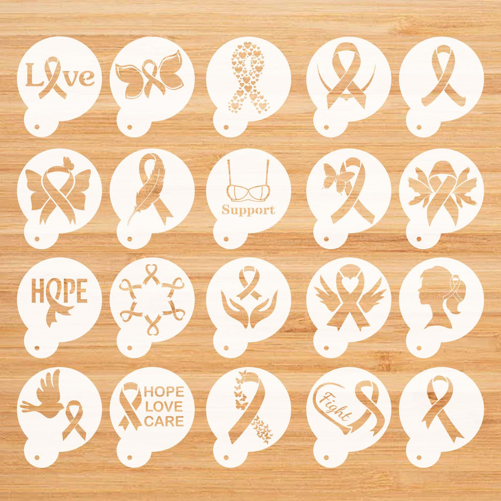 CIEMODA Cancer Awareness Coffee Stencil,Breast Cancer Awareness Stencils Set, 16pcs Pink Ribbon Reusable Cookie & Latte Art Stencils for Baking, Painting, and DIY Crafts