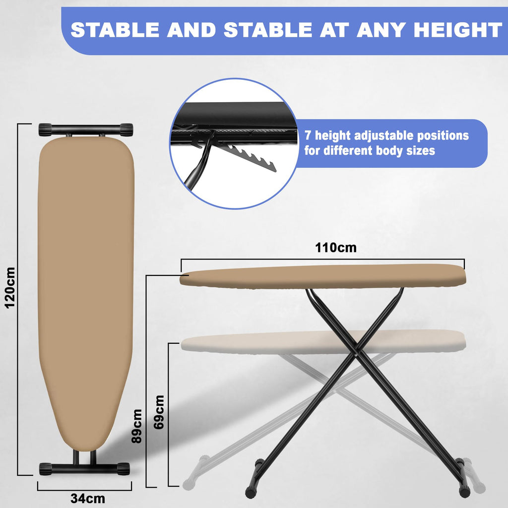 HLILBTE Ironing Board, Compact Ironing Board 13x43 Ironing Area with Extra Thick Heavy Duty Padded Cover, Stable Structure, Easy to Fold,Iron Mat, Brown