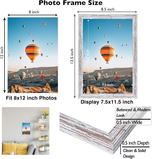 JCJMY 8x12 Picture Frame - Rustic White Wall Mounting for Horizontal or Vertical Display