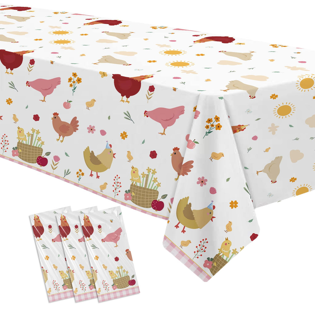 Suhelkit Chicken Party Decorations Tablecloth for Birthday Baby Shower, 3 Pack Farm Animal Barnyard Little Chick Birthday Party Supplies Table Cover, 55in x 86in