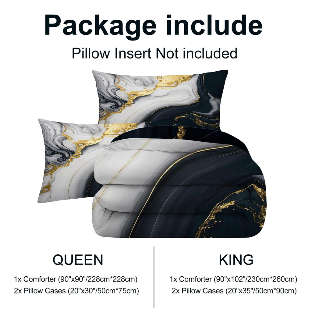 VTKON Abstract Marble Bedding Set for Kids Women Men Queen Size 3D Marble Comforter Set Black White Gold Quilt Set for All Age Marbling Quilt Set with 1 Comforter + 2 Pillowcases