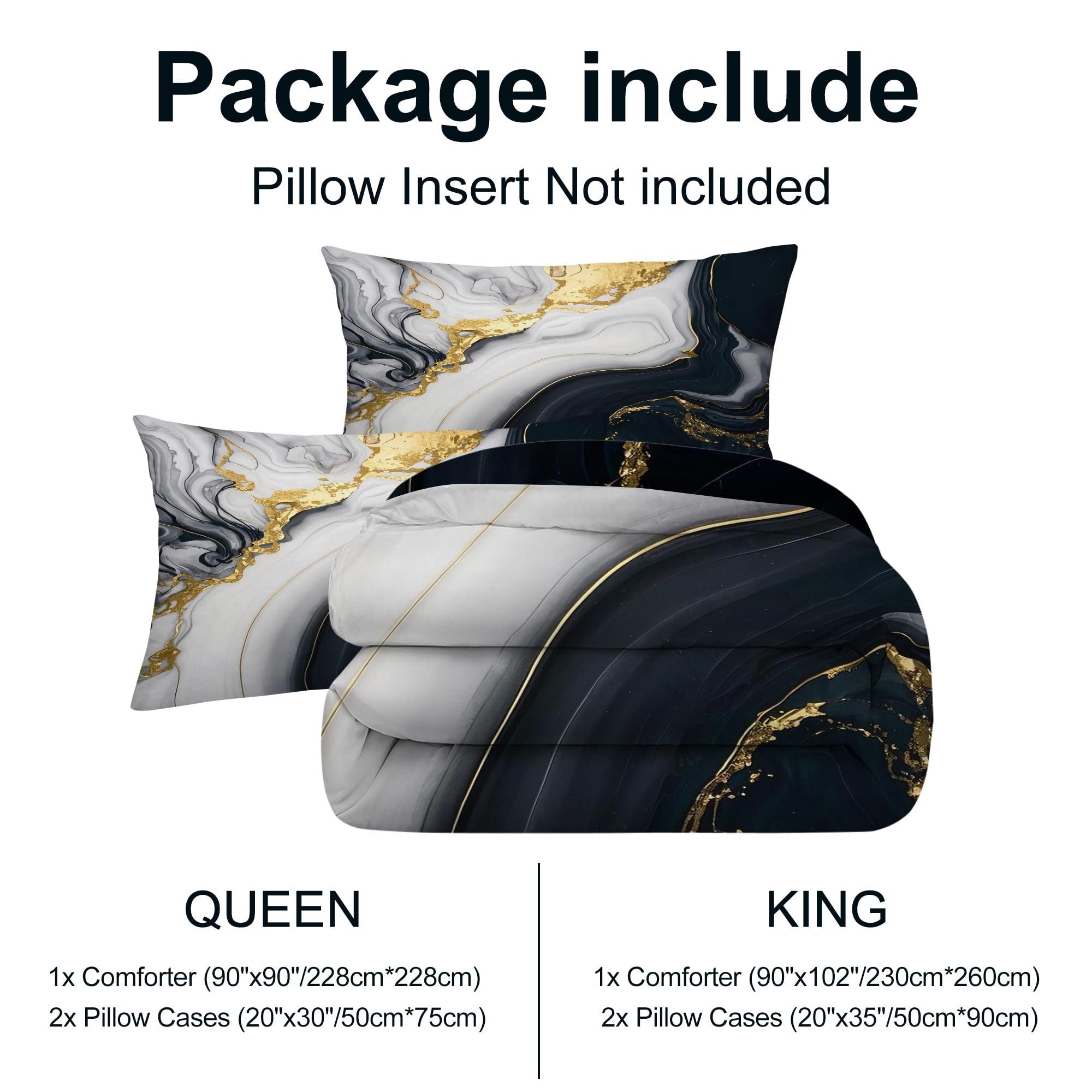 VTKON Abstract Marble Bedding Set for Kids Women Men Queen Size 3D Marble Comforter Set Black White Gold Quilt Set for All Age Marbling Quilt Set with 1 Comforter + 2 Pillowcases