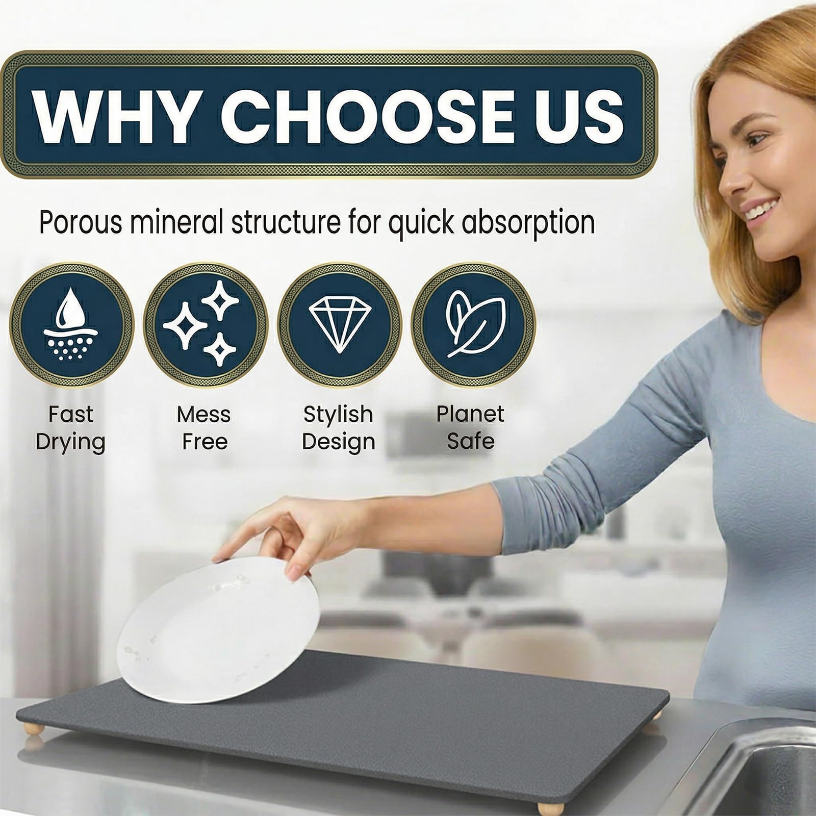 Stone Drying Mat for Kitchen Counter with 5 Wooden Feet, 19.7"×14.7" Diatomaceous Earth Dish Drying Mat, Elevated Drying Stone Mat for Modern Kitchen Countertop (Dark Gray, Standard-Solid)