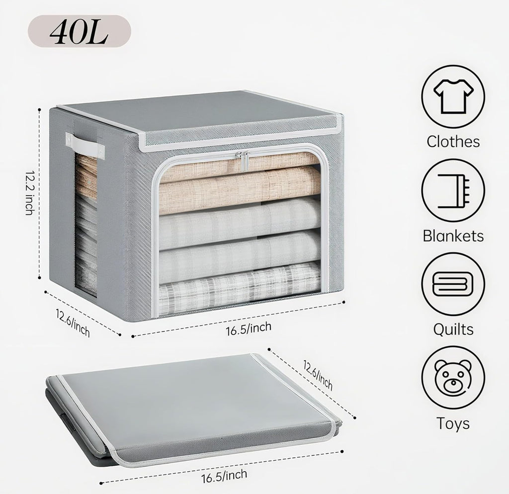 Yecaye Clothes Storage Bins - 40L Foldable Organizer with Metal Frame & Clear Window | Stackable Zippered Bags