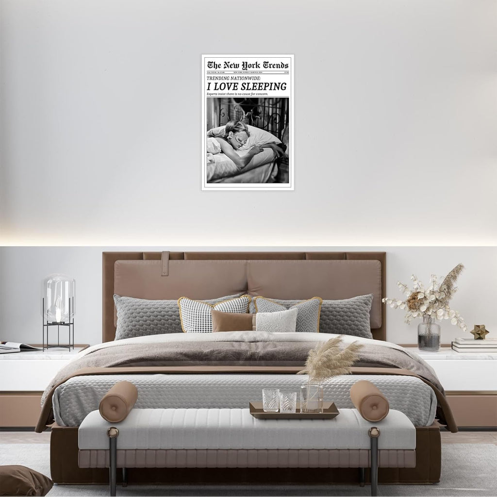Beshdomp Vintage I Love Sleeping Poster - Black & White Newspaper Canvas Wall Art | 12x16in Unframed