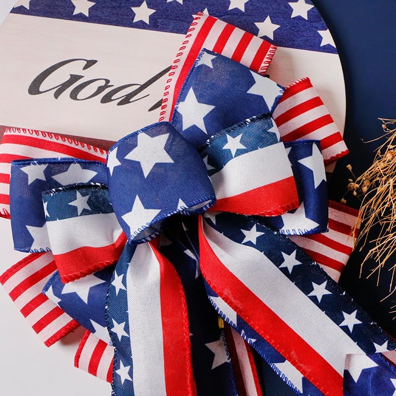 SIMISI Ribbon Patriotic Wreath Bow - 4th of July Decorations in Red, White & Blue Stars (11x20 Inch)