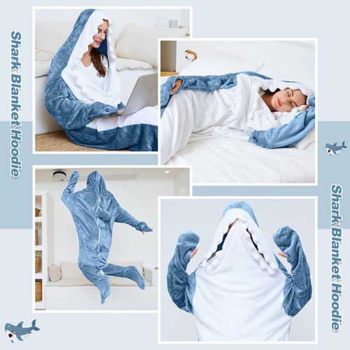 Ambitelligence Shark Blanket Hoodie Onesie for Adults and Kids, Cozy Flannel Shark Costume Shark Sleeping Bag