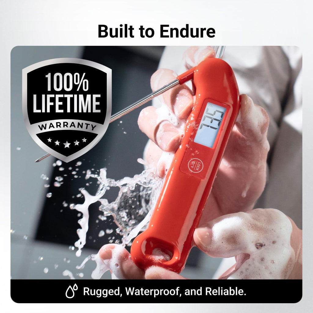 Professional Meat Thermometer Digital, ±0.5℉ NIST Certified Accuracy, Instant Read Food Thermometer for Cooking Grill, Fully Waterproof, Auto-Rotate Backlit Display, Motion-Sensing On/Off, Red