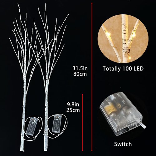 EMINGSKY 2 Pack White Lighted Twig Branches for Vase, Artificial Tree Twig 31.5IN 100 LED Battery Operated Warm White Bulbs for Christmas Wedding Party Outdoor and Indoor Decor