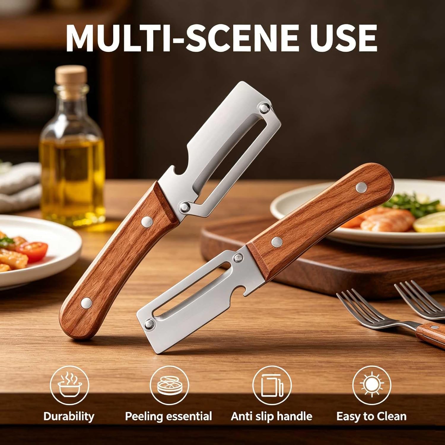 Skiennix 2-in-1 Vegetable Peeler - Multi-Functional Stainless Steel Blade with Wooden Handle | 4-Piece Set