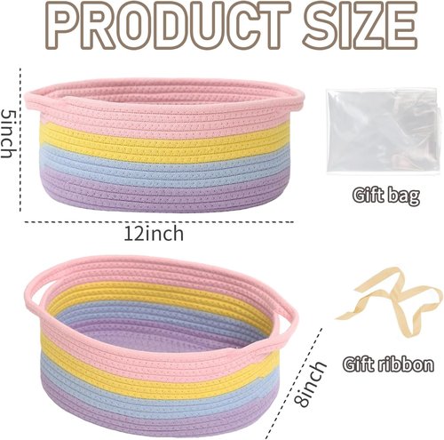 JMvicyroam Woven Storage Baskets - Small Rope Organizer with Handles for Shelves & Closets | 3-Pack Rainbow Gift Baskets