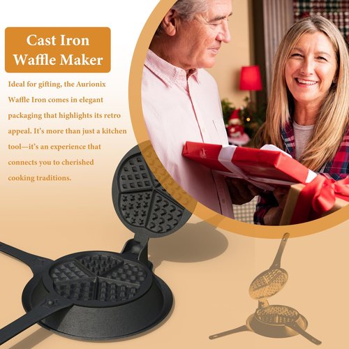 Cast Iron Waffle Maker Stove Top, American Waffle Maker Pre-Seasoned, Round waffle maker, PFOA free, 5-in-1 Shape Designs, Non-Coated Surface, Waffle iron for Camping Grill or Stove Top.